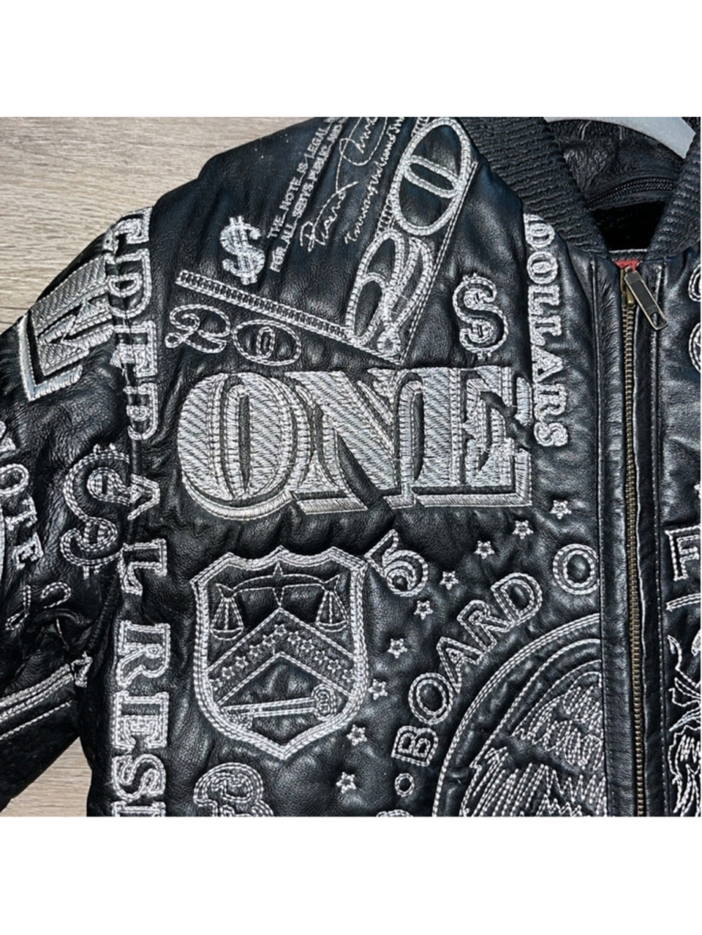 black leather lined bomber jacket embroidered money hiphop street big kids 2XL - Picture 3 of 16
